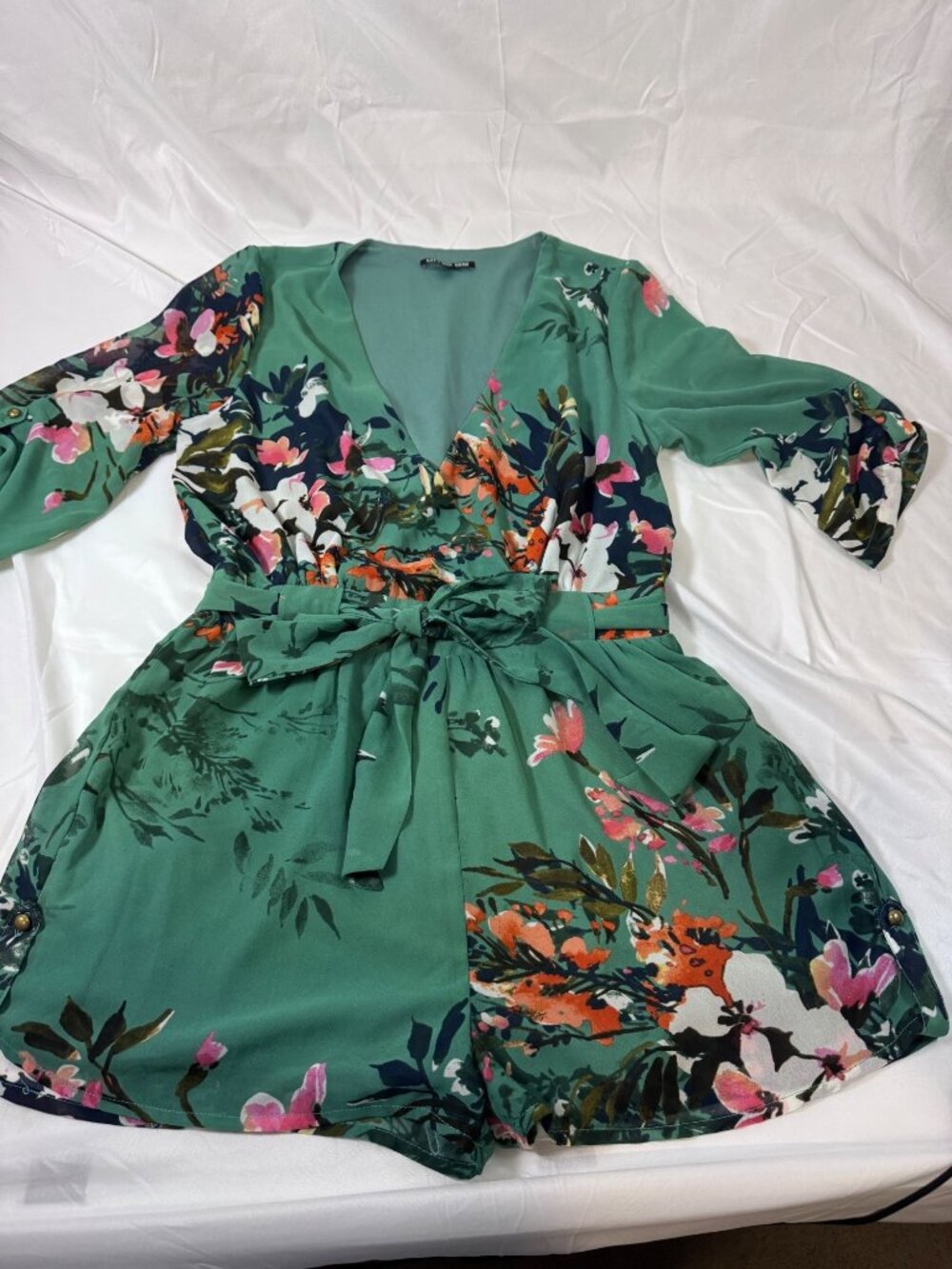 Gianni Bini Green Botanical Floral Tie-Waist Romper, Sz S